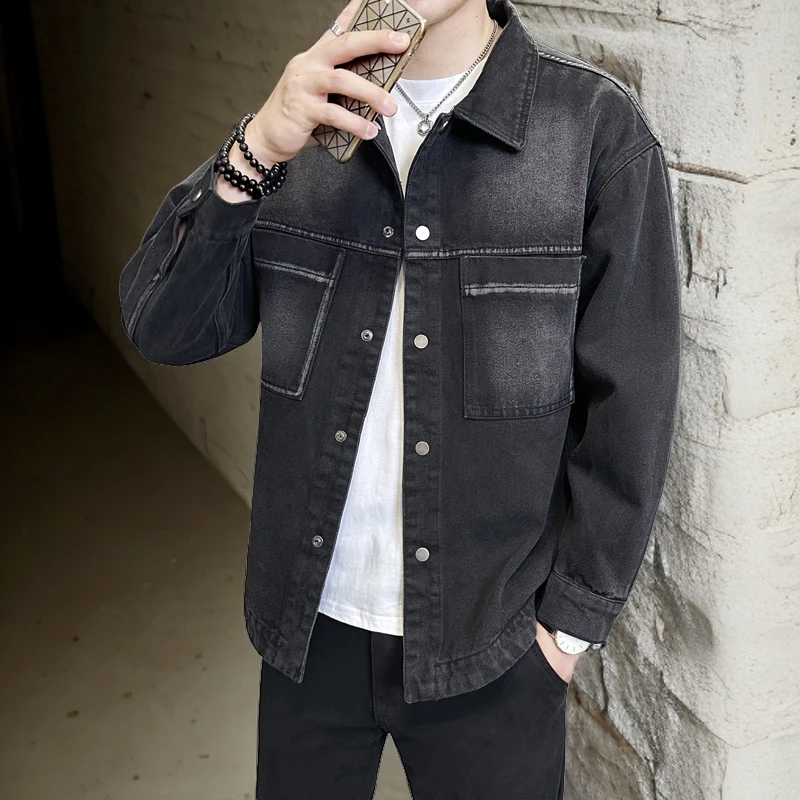潮牌复古长袖牛仔衬衫男春秋宽松帅气水洗工装休闲衬衣灰色薄外套