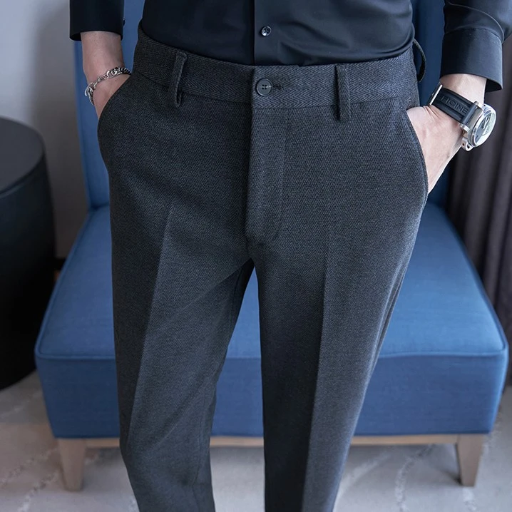 男秋冬加厚款休闲裤高端羊毛西裤毛呢裤男修身直筒商务西装裤子男