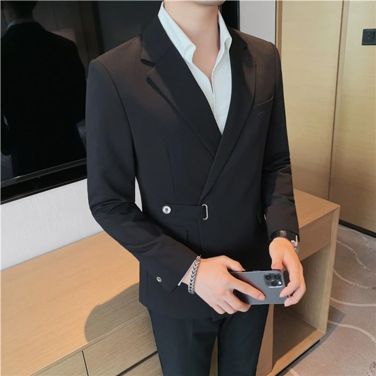 侧扣西装外套男设计感高级感修身商务正装休闲西服上衣英伦风单西