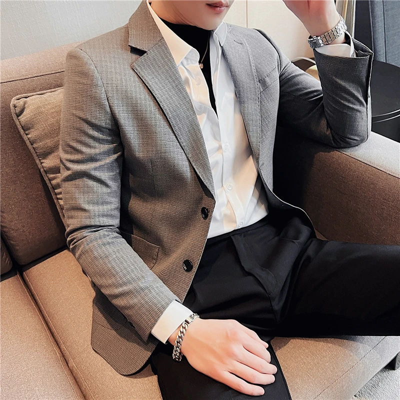男士休闲西服千鸟格西装外套男商务修身帅气时尚单西便服格子上衣