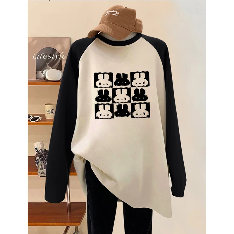 搭配鲨鱼裤插肩磨毛长袖t恤女中长款宽松洋气遮臀上衣网红打底衫