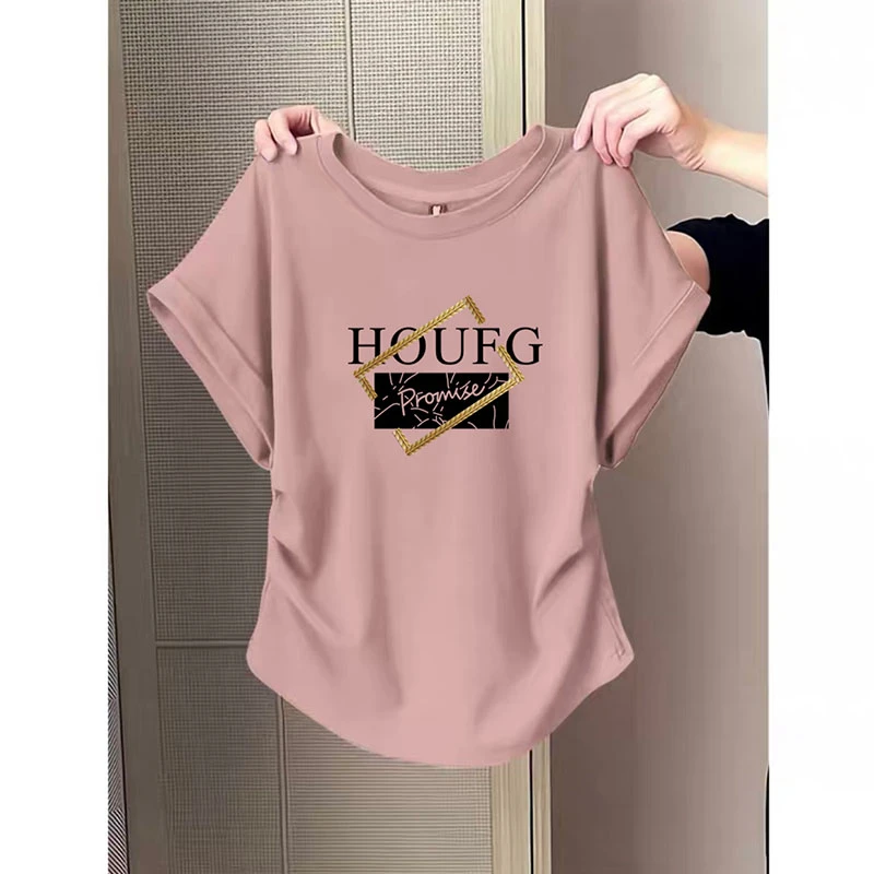 小飞袖褶皱正肩短袖t恤女夏季2025新款设计感收腰显瘦圆领上衣潮