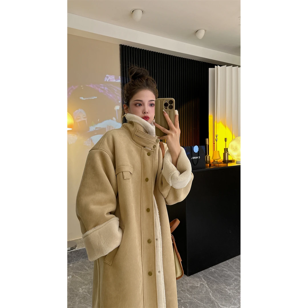 冬季新款宽松加厚长款机车服仿羊羔毛皮毛一体外套大衣女潮