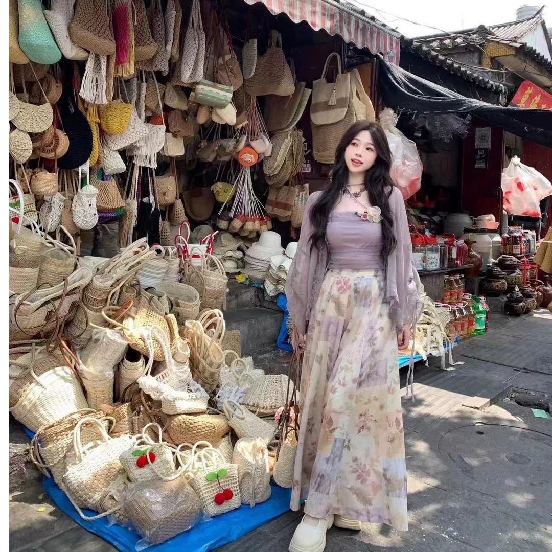 纯欲紫色抹胸+开衫+半身裙三件套装新中式国风减龄早秋穿搭一整套