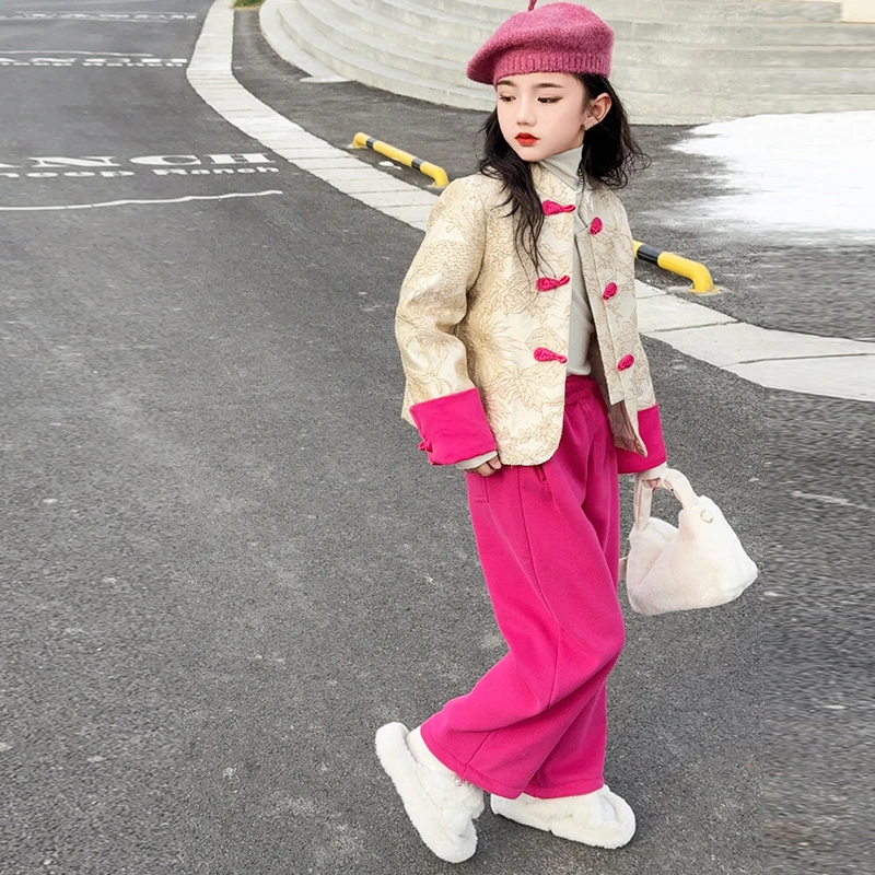 复古中国风冬季绣花中式外套宝宝年服套装女童唐装加绒服儿童加厚