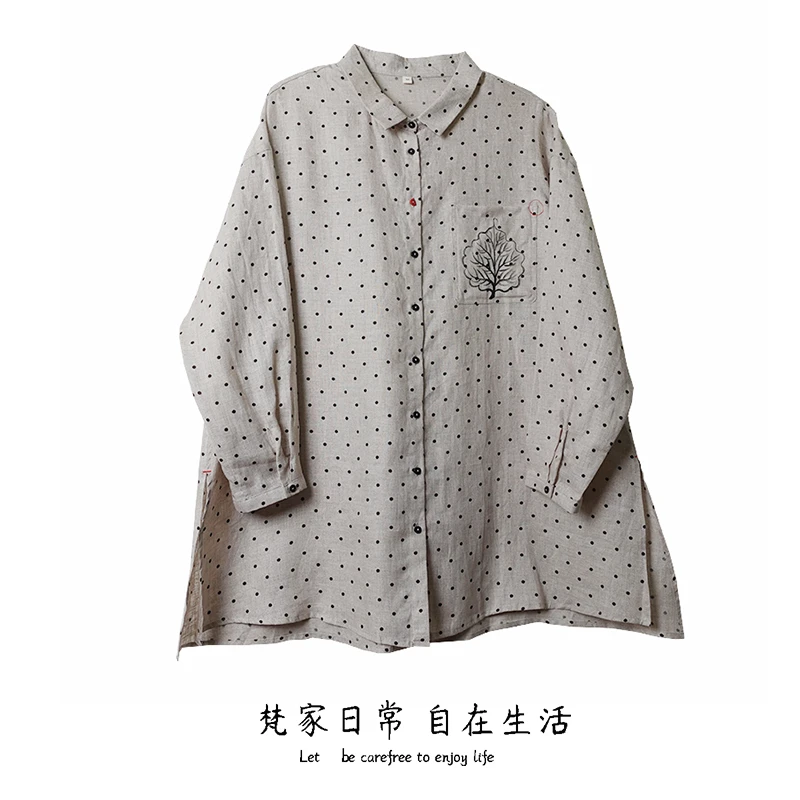 禅意女装春夏秋新款小波点长袖宽松翻领衬衫森系文艺衬衫中长