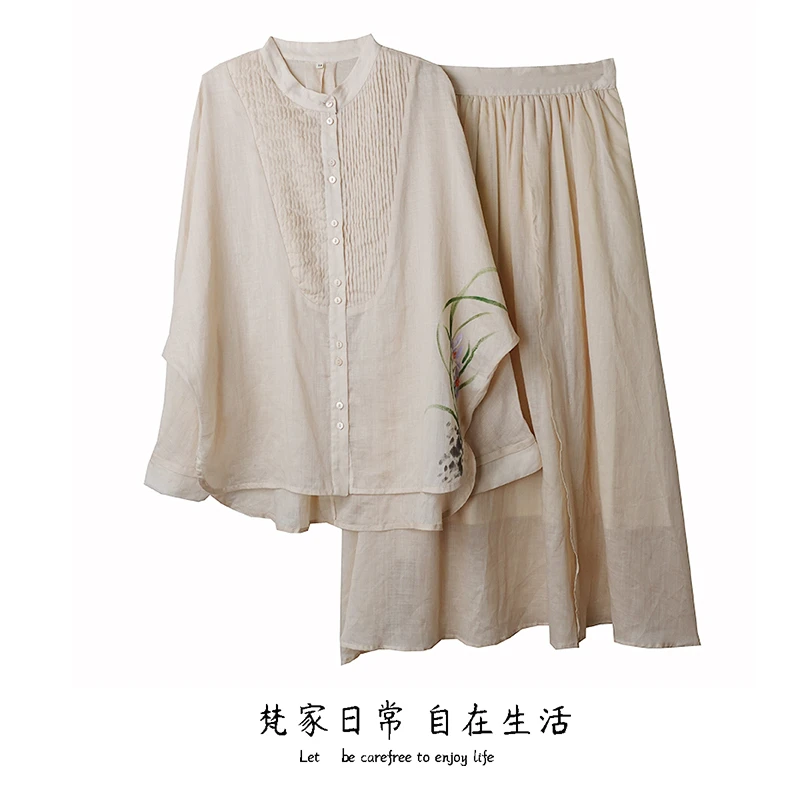 新品女装春夏款新中式时尚套装蝙蝠袖宽松衬衫松紧腰半裙小众