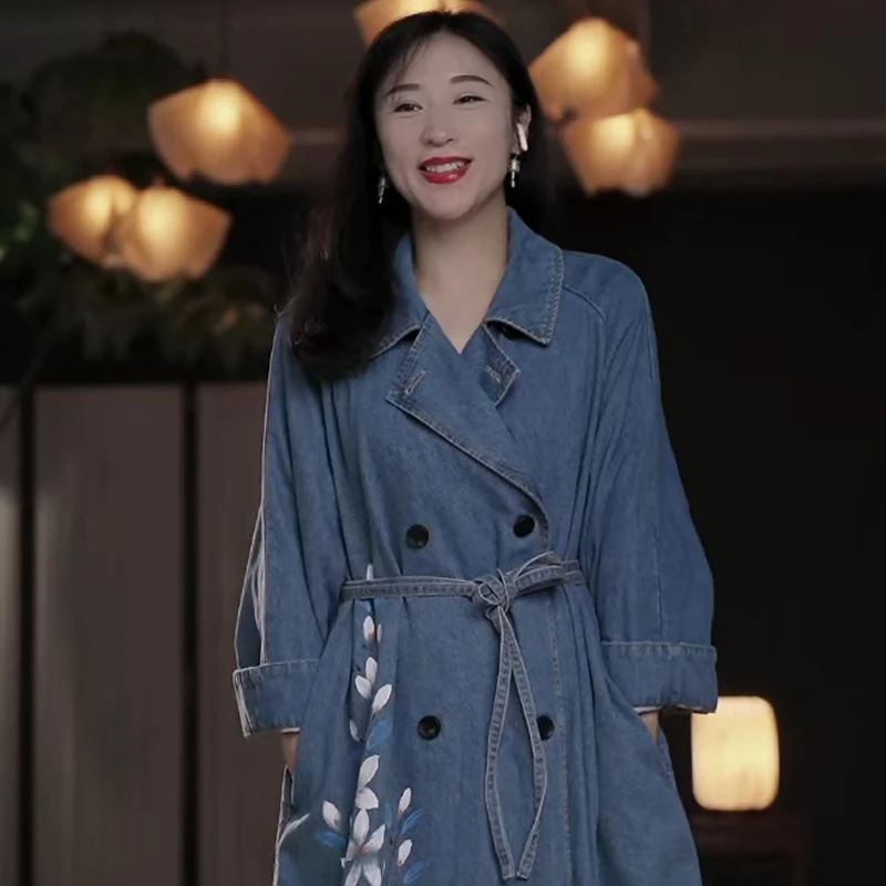 【八零年代】梵家原创手绘厚厚的酷飒牛仔外套中长风衣秋冬款女士
