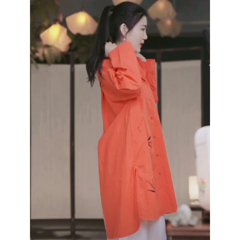 新品女装春夏款多巴胺橙色中长款衬衣连帽薄风衣外套防晒长衫