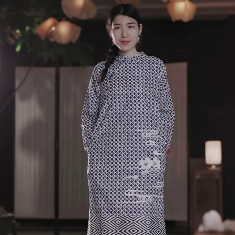 手绘祥云长绒棉裙子改良旗袍蓝色云纹长裙连衣裙印花a字裙春夏季