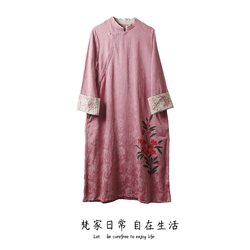 绮梦 2024年秋季新品女装挽袖设计晚晴复古风改良旗袍提花珠扣裙