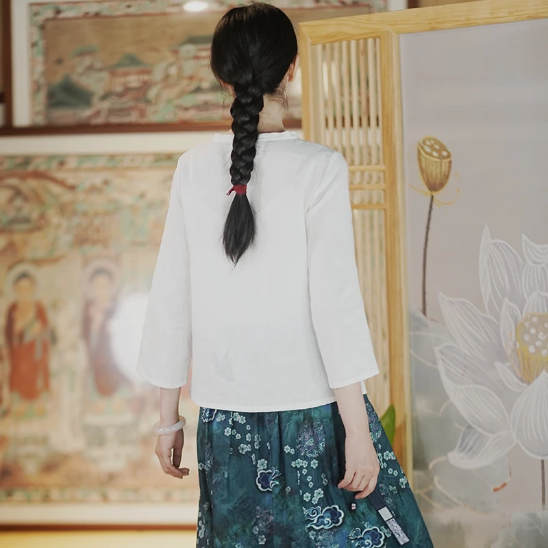 亚麻白衬衫对襟中式国风开衫春夏装女款白色衬衣盘扣上衣年轻款