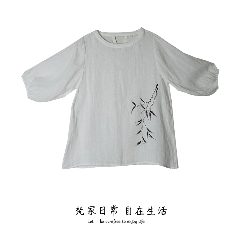 新中式原创手绘春夏装新款白色短袖衬衫泡泡袖圆领亚麻套头衫