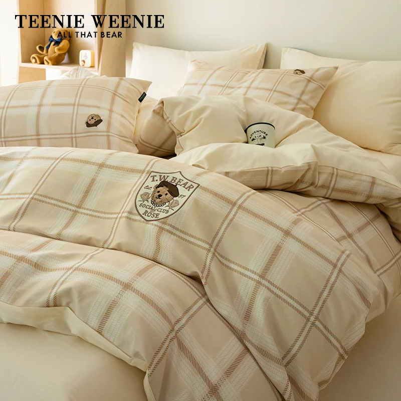 TeenieWeenie小熊格子全棉床品刺绣套件床单学生宿舍三件套lnx