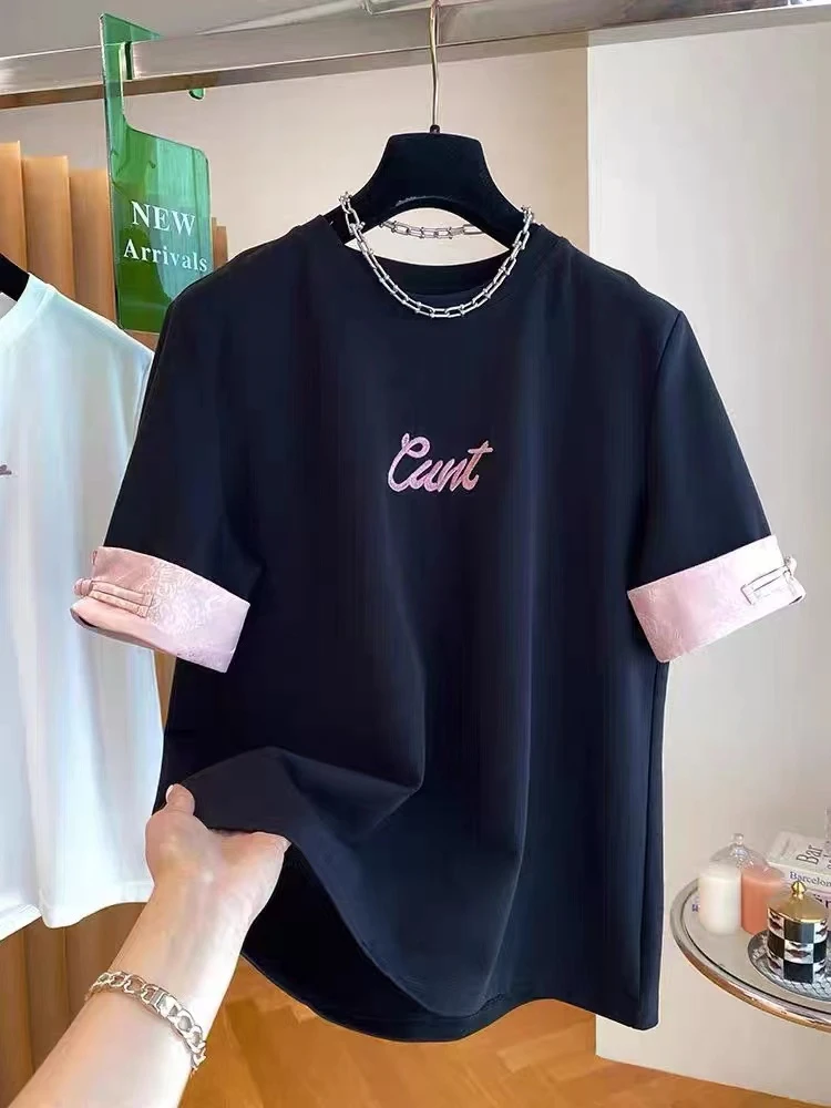 大码新中式国风刺绣纯棉T恤女夏季拼接设计感宽松短袖体恤上衣