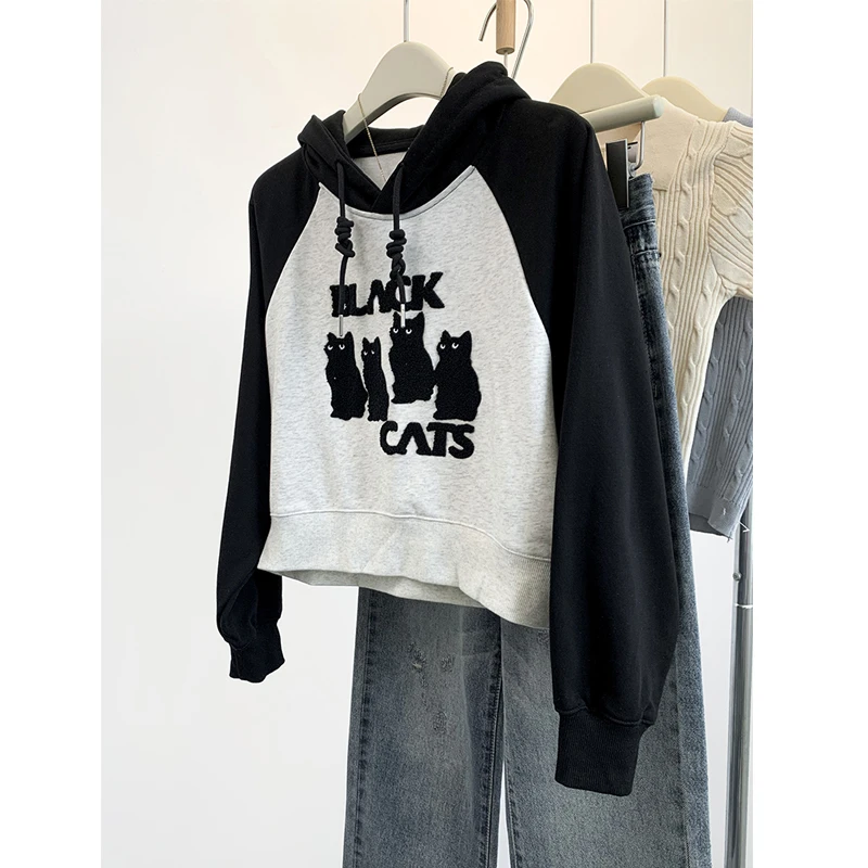 美式复古大码胖妹妹插肩袖连帽卫衣女2023秋季宽松显瘦短款上衣