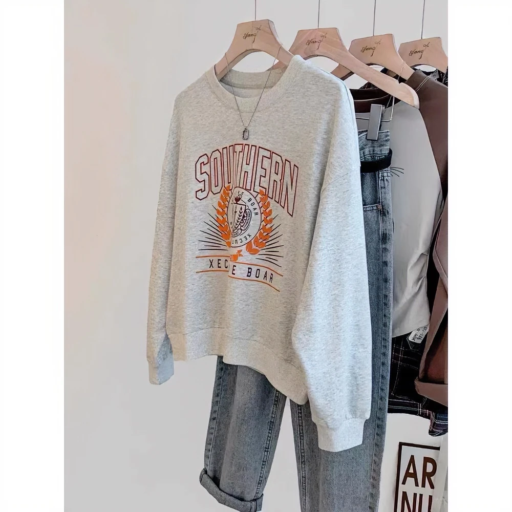 大码胖妹妹灰色圆领卫衣女秋季2023新款印花宽松休闲百搭套头上衣