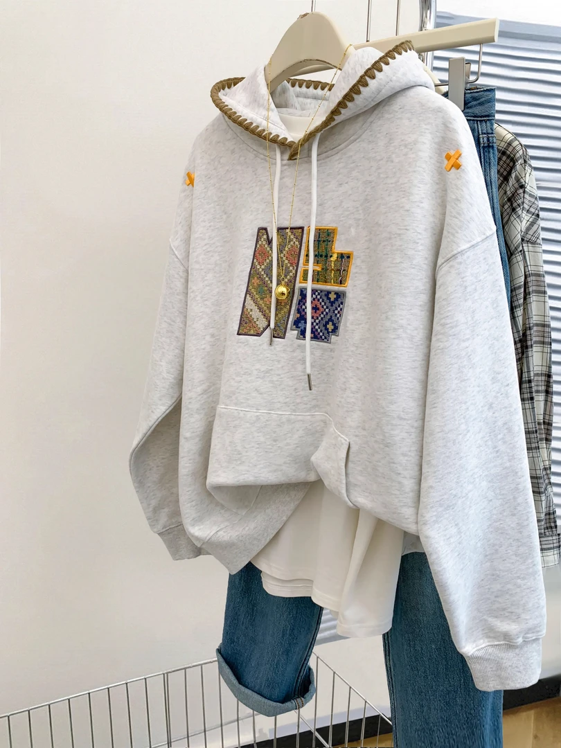 胖mm大码240斤重工编织刺绣连帽卫衣女早秋季宽松慵懒套头上衣