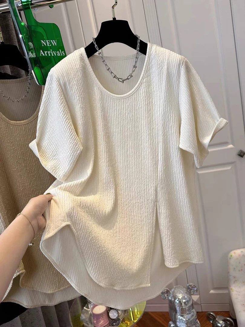 胖妹妹大码开叉U领短袖T恤女夏装2024新款宽松慵懒风ins显瘦上衣