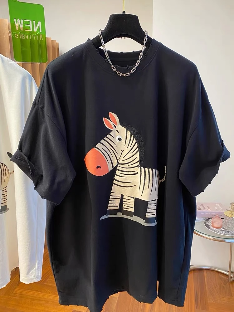 大码240斤欧货宽松破洞设计感卡通印花T恤女短袖半袖打底衫上衣潮