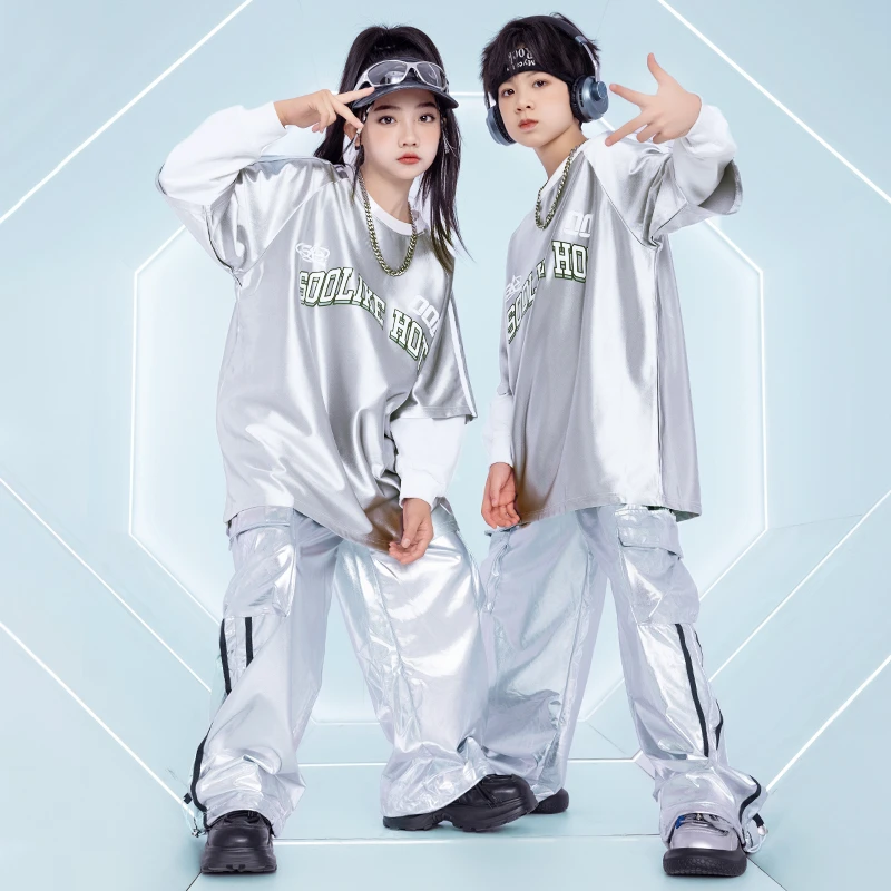 街舞儿童潮服hiphop嘻哈童装男童架子鼓演出服女童银色舞蹈表演服
