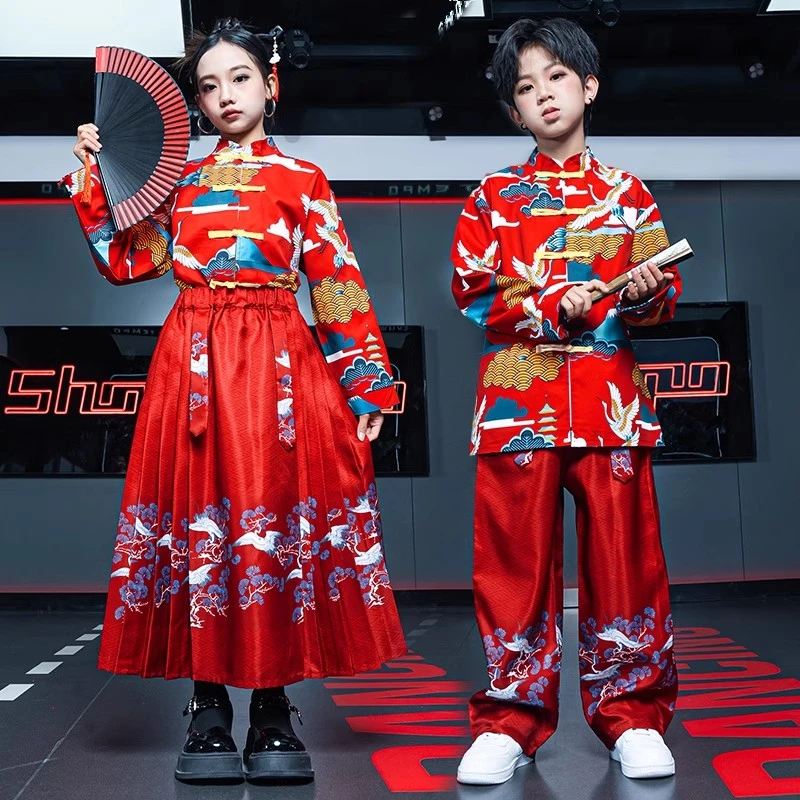 国潮儿童汉服女童马面裙中国风小学生运动会男童幼儿园团体班服装