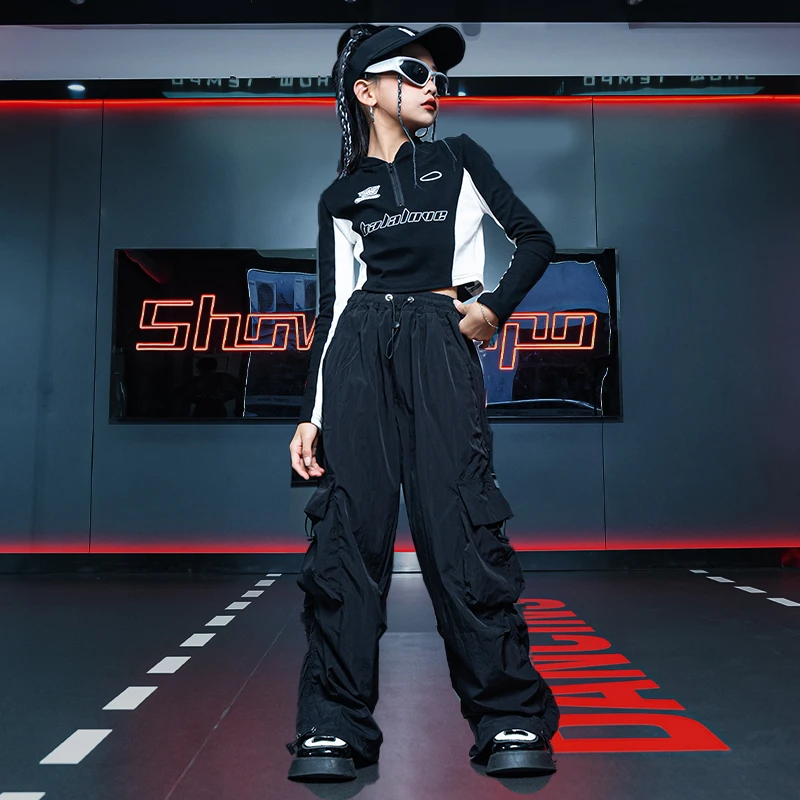 女童街舞服儿童嘻哈演出服女孩走秀露脐短款宽松上衣jazz潮服酷帅