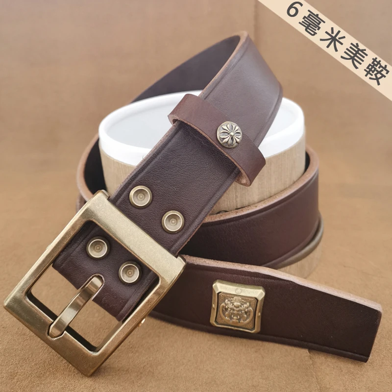 美洲鞍革加厚头层牛皮（单层实心）手工男士皮带（铜扣）真皮休闲