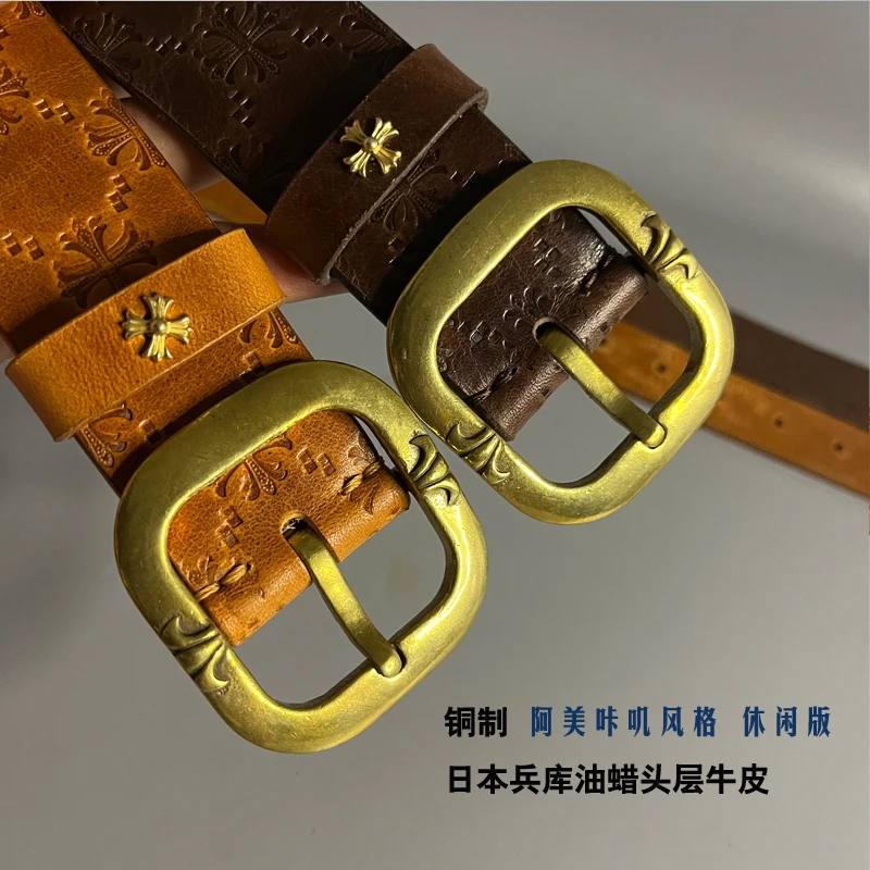 日本兵库重脂油蜡头层牛皮（单层实心）手工男士皮带（铜扣）真皮休闲