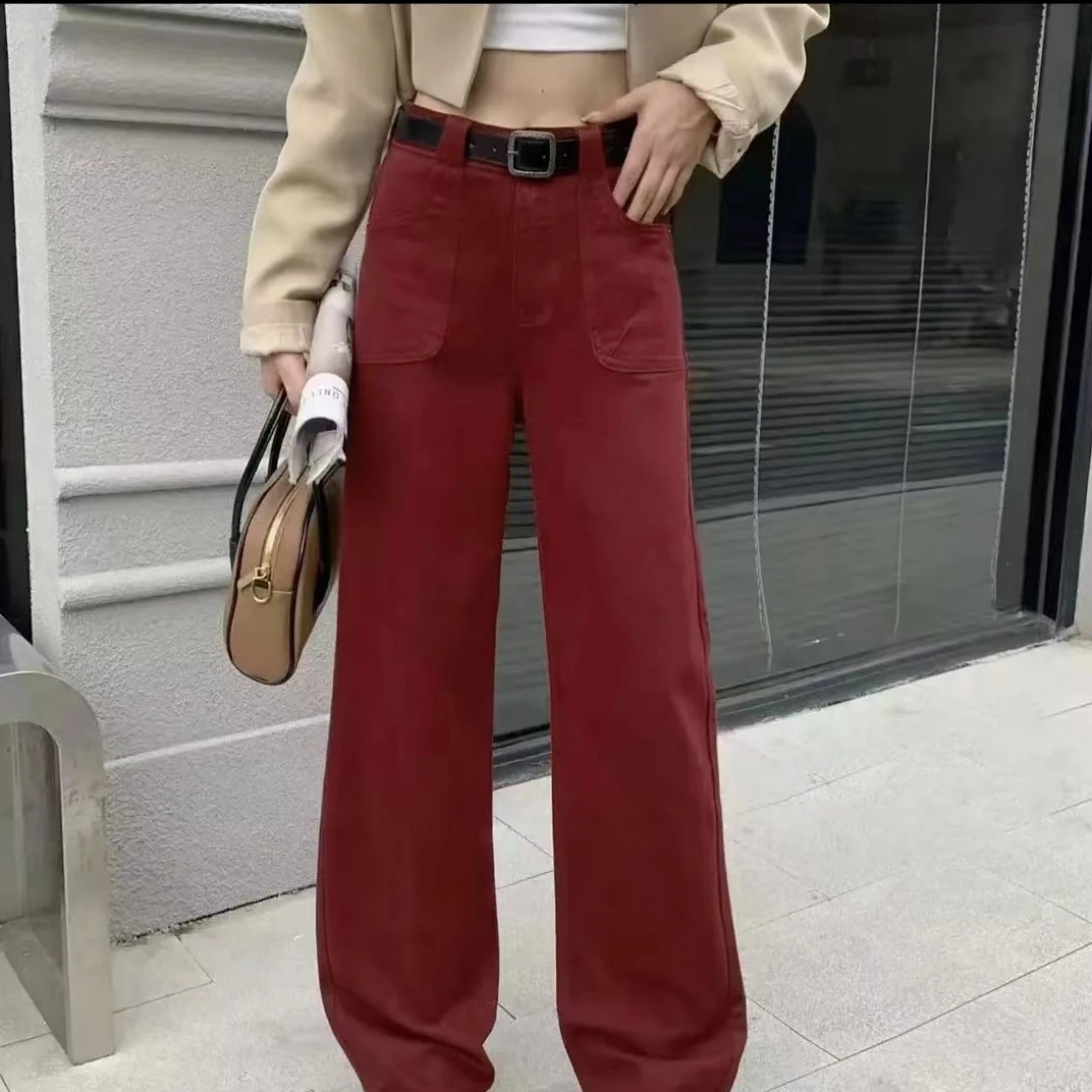 安可拉红阔腿牛仔裤女2024秋季百搭小众褶皱宽松高腰垂感拖地长裤