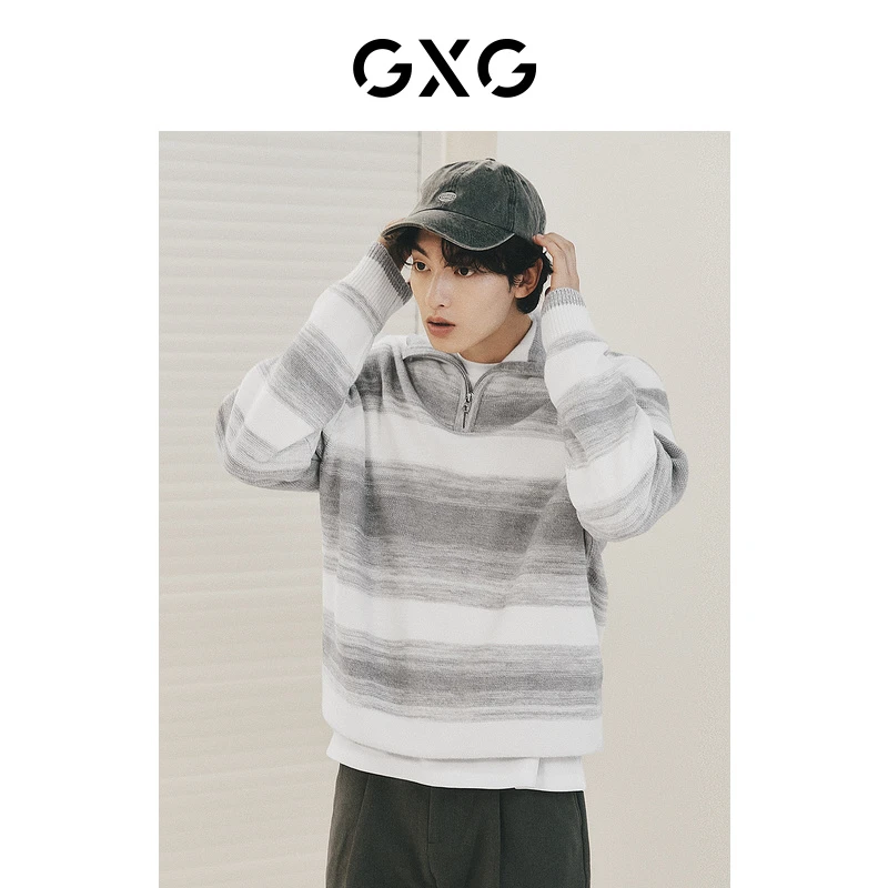 GXG男装 灰白条渐变半开襟翻领毛衣针织衫23秋季新品#GED12023333