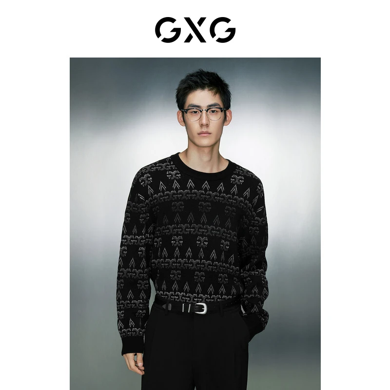 GXG男装 黑色渐变圆领毛衣针织衫男士 23年冬季新品#GED12032824