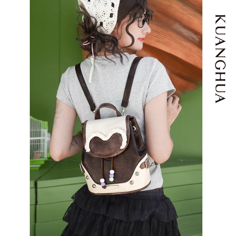 哐花2024新款可爱双肩包女复古高级感甜酷小背包小众设计感小书包