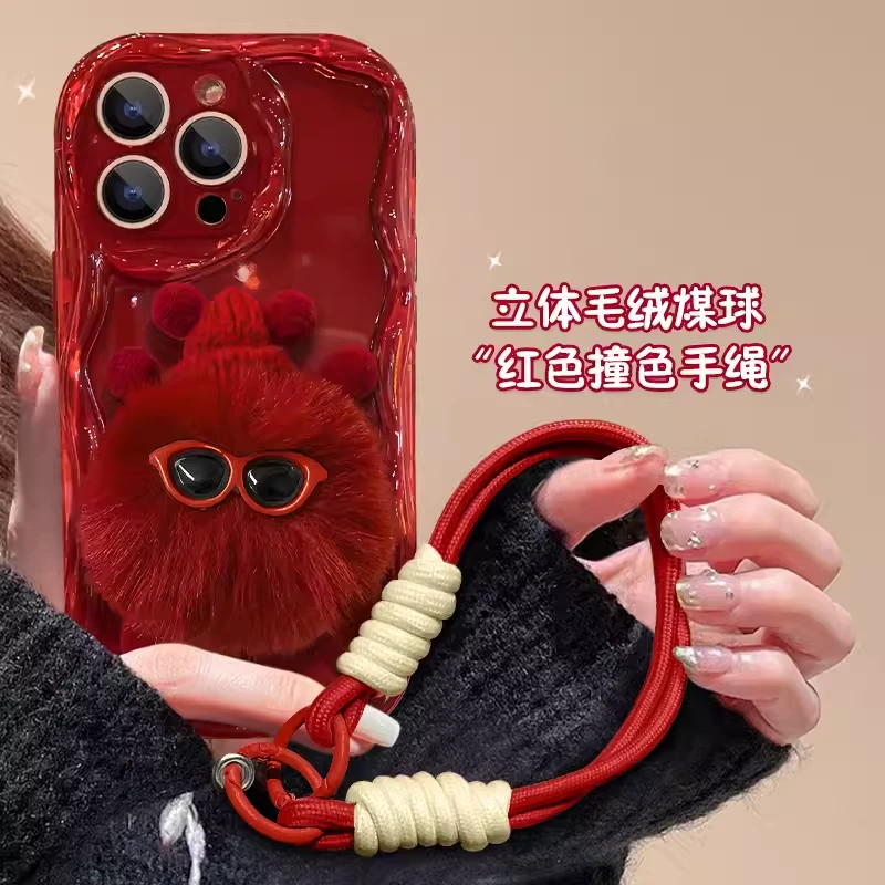 红米note12turbo手机壳11T毛绒公仔支架手绳10透红奶油纹新年款N9