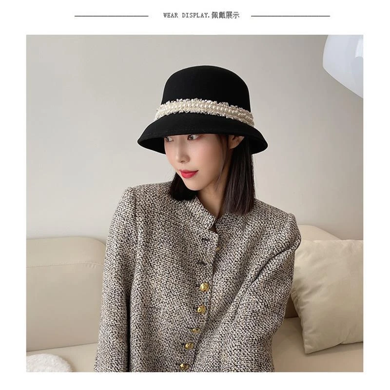 法式名媛白色珍珠毛呢帽子女秋冬毡帽小檐渔夫帽女盆帽保暖礼帽