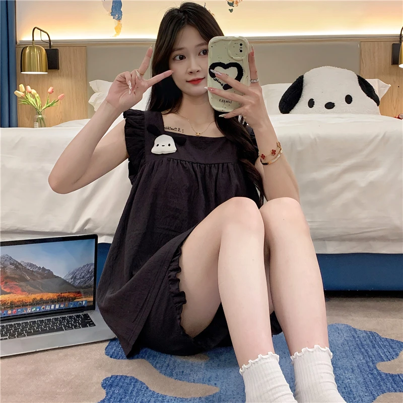 带胸垫睡衣女士夏季吊带套装甜美可爱少女2024新款家居服黑色小狗