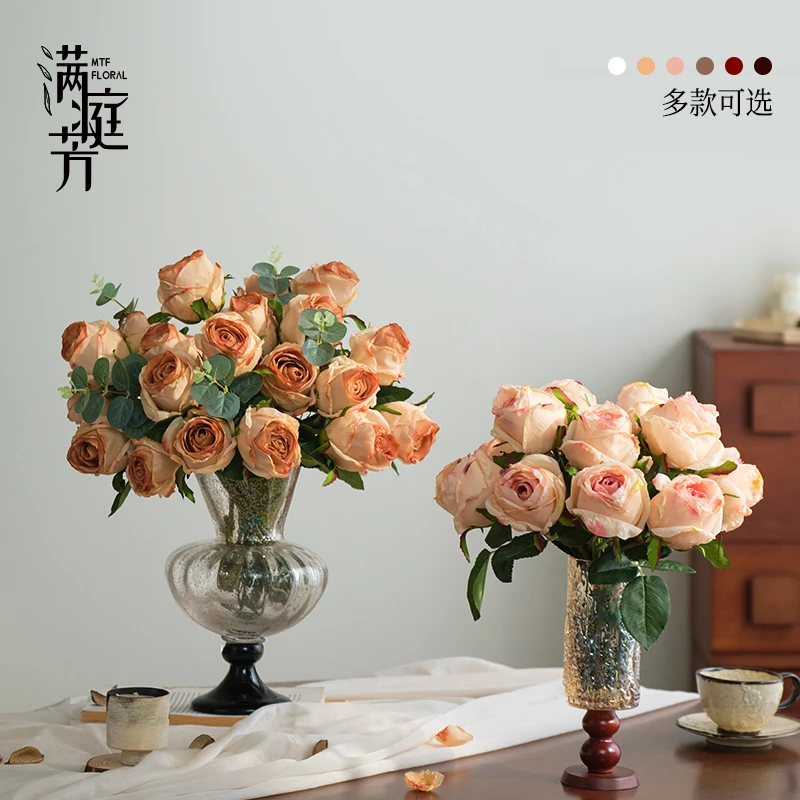 7头焦边玫瑰把束逼真仿真花假花花束客厅餐桌高档花艺摆件
