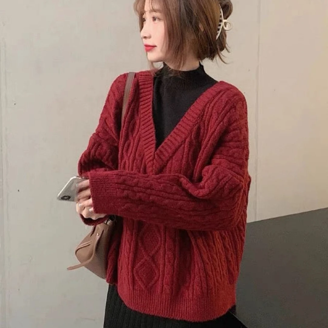 洋气假两件高领毛衣女宽松外穿秋冬新款复古麻花针织衫上衣打底衫