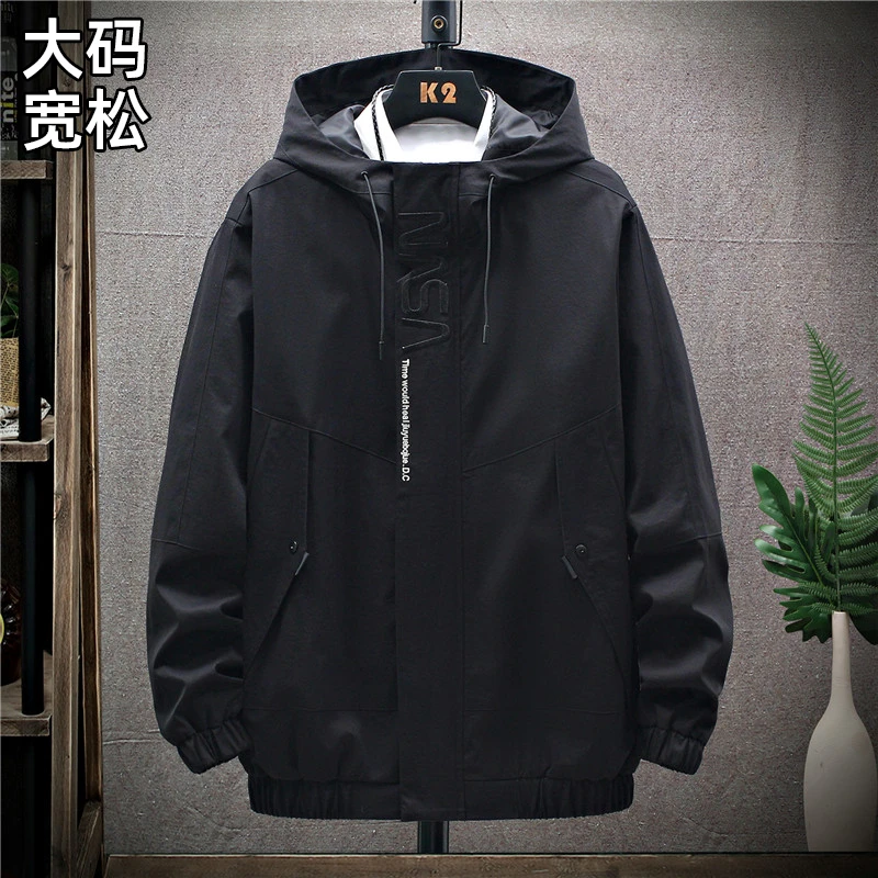 2022新款冲锋衣外套男士韩版大码宽松连帽上衣服潮牌字母防风夹克