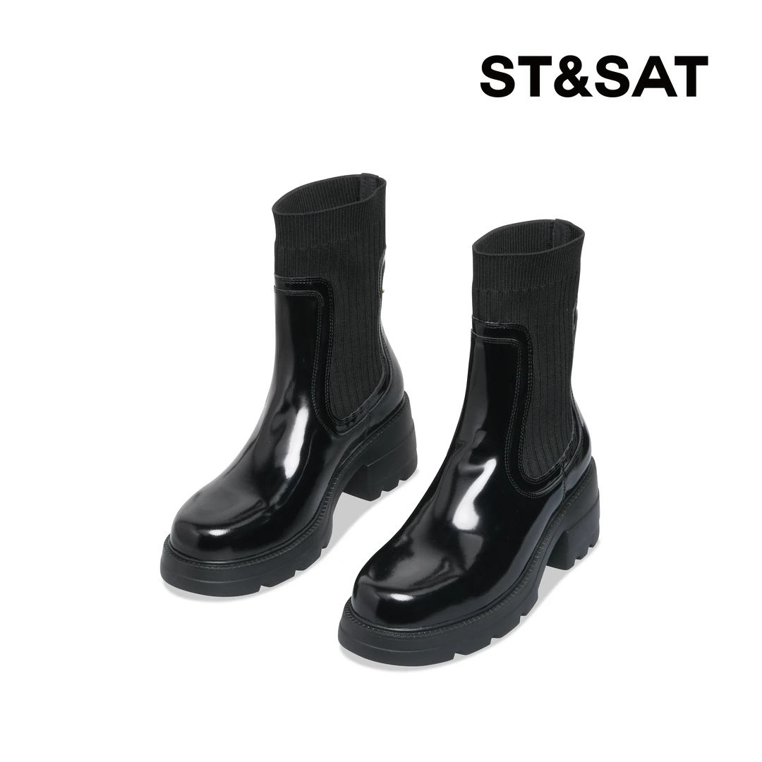 星期六女鞋秋冬新款圆头中筒时装靴英伦风时尚靴切尔西靴厚底短靴