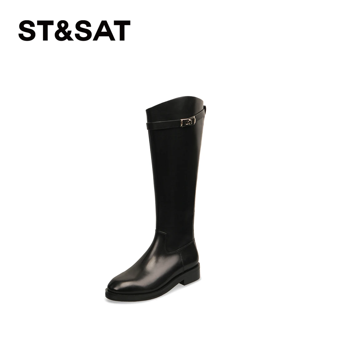 星期六全筒胎牛皮厚底时装靴真皮黑色高筒靴百搭女款长筒靴7B3P