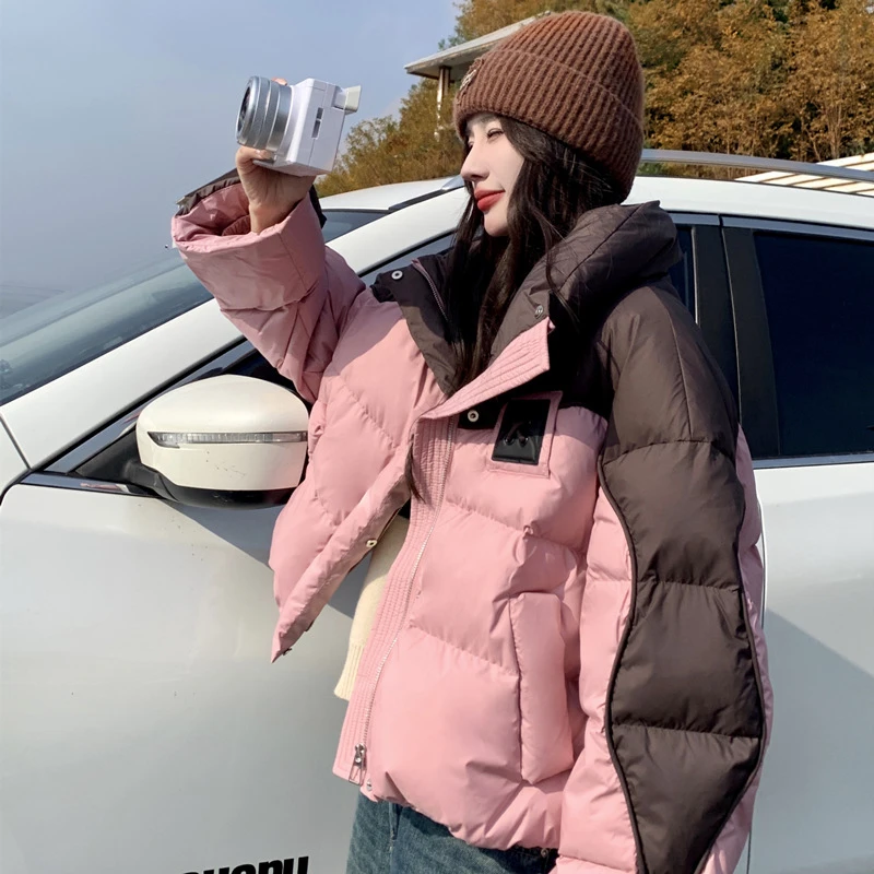 设计时尚炸街撞色90白鸭绒羽绒服外套女冬小个子短款加厚面包服新