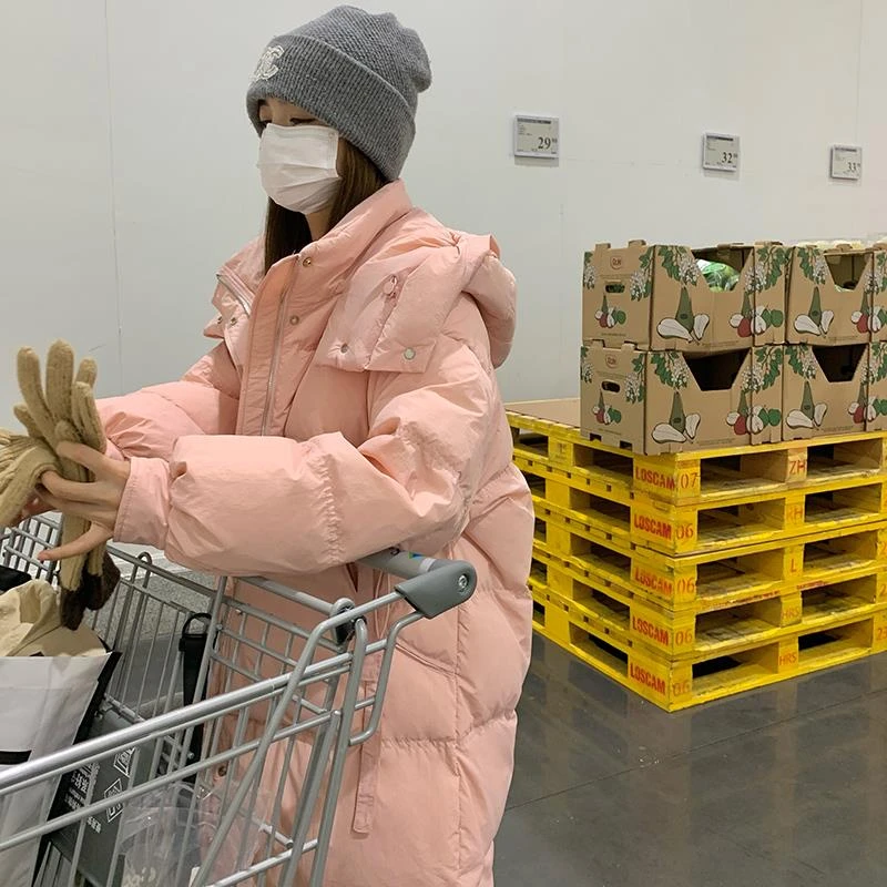 奶fufu粉色羽绒服女中长款2023冬新款韩系甜美加厚连帽白鸭绒外套