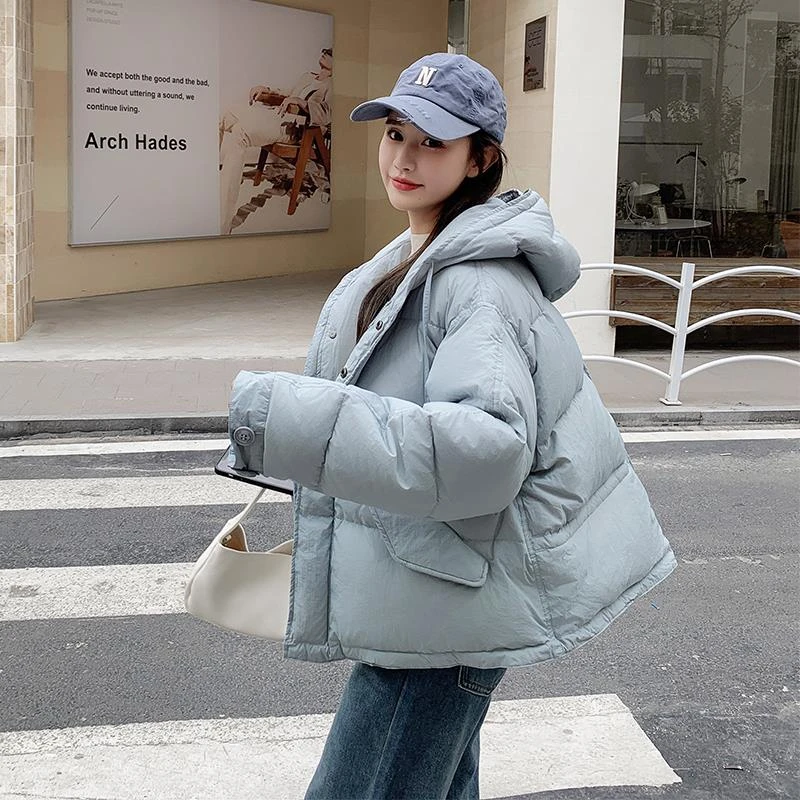高级感加厚蓝色羽绒服女短款2023冬新款韩版90白鸭绒小个子面包服