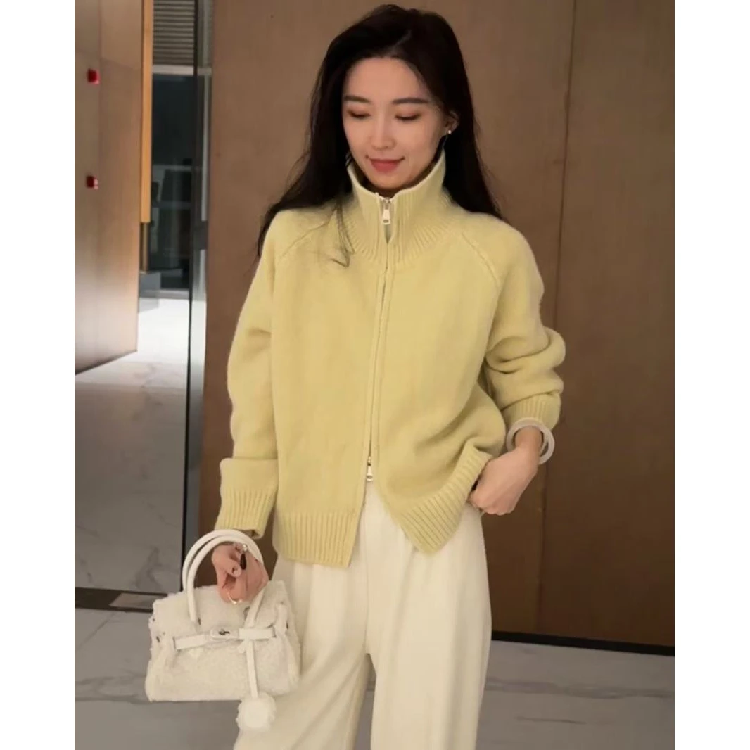 2025慵懒风毛衣外套女秋冬新款韩系简约宽松立领拉链针织开衫上衣