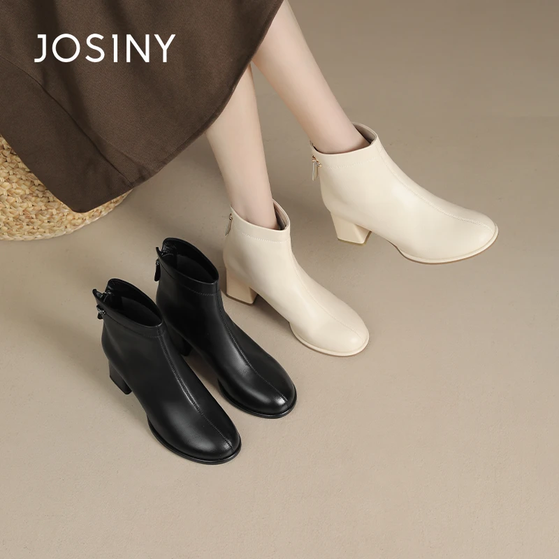 卓诗尼黑色粗跟法式女士短靴2024新款秋冬高跟方头切尔西靴时装靴