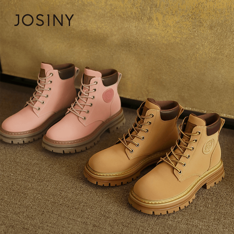 JOSINY/卓诗尼2024新款复古风时尚百搭大黄靴厚底机车靴马丁靴女