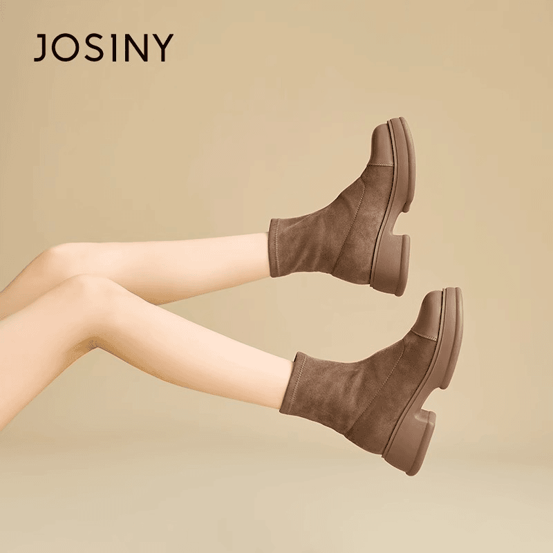 JOSINY/卓诗尼厚底短靴女单靴2024冬季新款法式瘦瘦靴时尚百搭靴