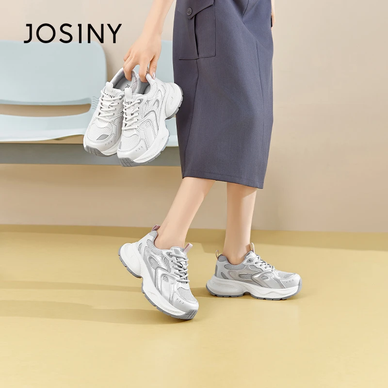 卓诗尼网面增高老爹鞋2025厚底百搭潮流透气舒适圆头系带女单鞋