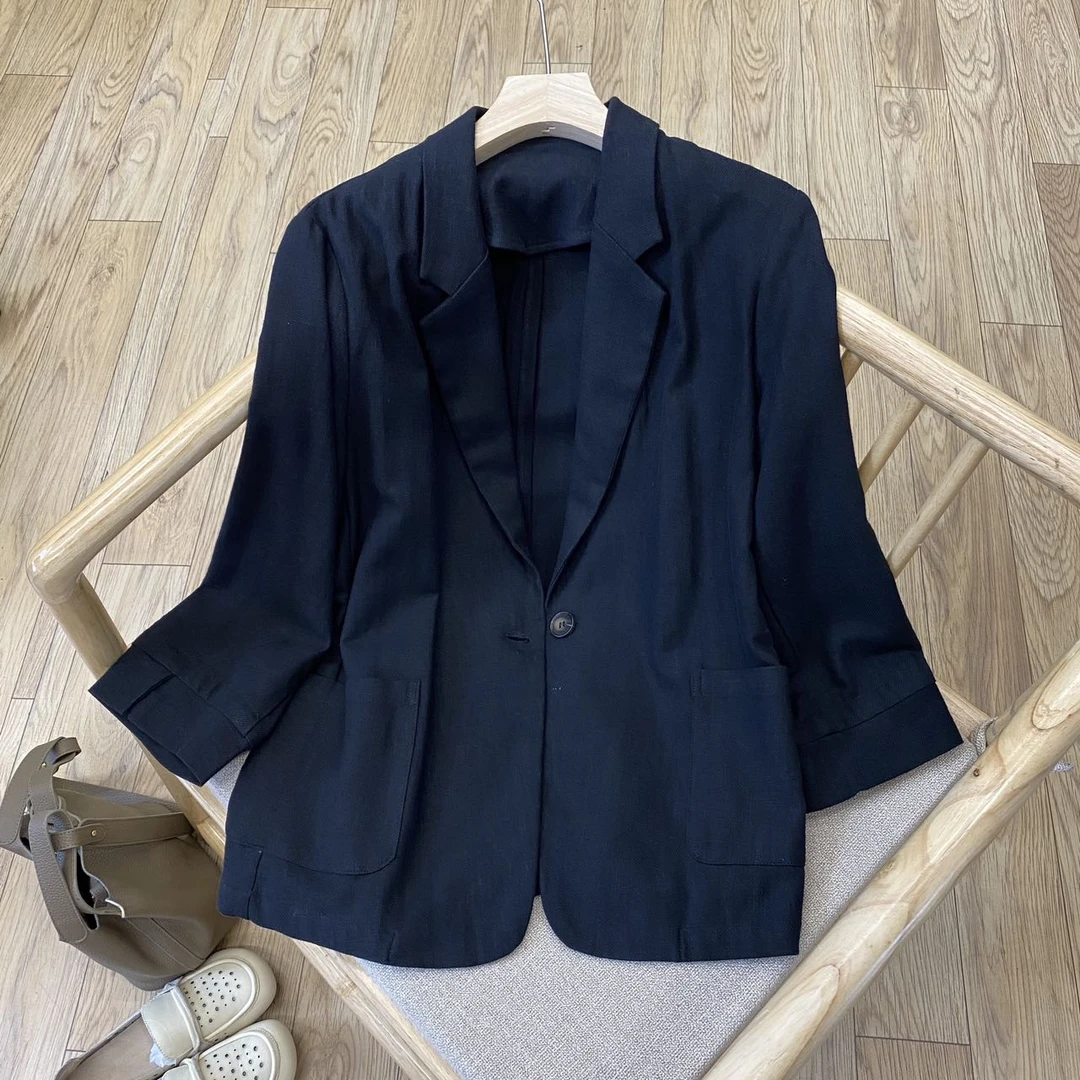 小西装女外套百搭春秋薄款时尚苎麻西服七分袖短款上衣W2327夏季